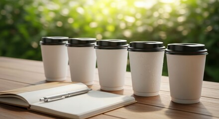 Five disposable coffee cups and an open notebook