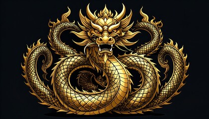 Golden dragon coiled on black background