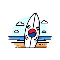Surfboard with the south korean flag design stands on sandy beach with the ocean and clouds in the, representing surfing and korean culture