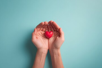 A pair of hands gently hold a small, vibrant red heart, against a serene light teal background.