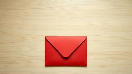 Large red envelope placed on wooden surface with soft directional lighting.