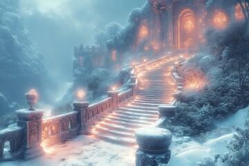 Stairs leading up to snowy castle.
