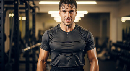 Fototapeta premium Sweaty Muscular Man Athlete Working Out Intense Exercise Fitness Gym Workout