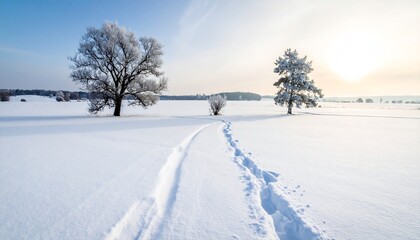 Obraz premium Winter Landscape with SnowCovered Trees and Footprints.