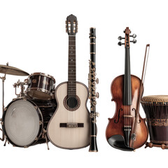 Various musical instruments arranged in a horizontal row