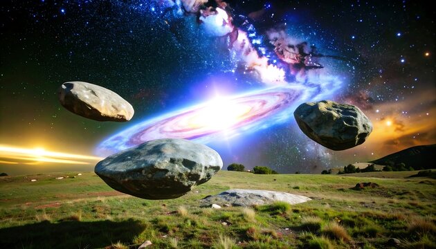 Cosmic rocks float over a grassy plain, with a vibrant nebula