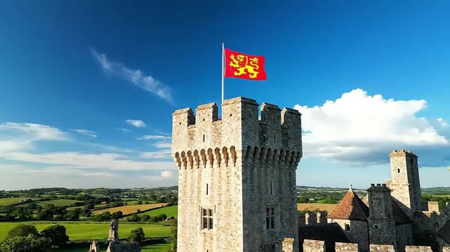 Historic English Castle Tower with Royal Standard Flag Waving Proudly Against a Clear Blue Sky Overlooking Lush Green Countryside and Rolling Hills