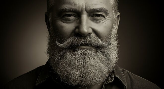 Close up portrait of an elderly man with a full beard and mustache