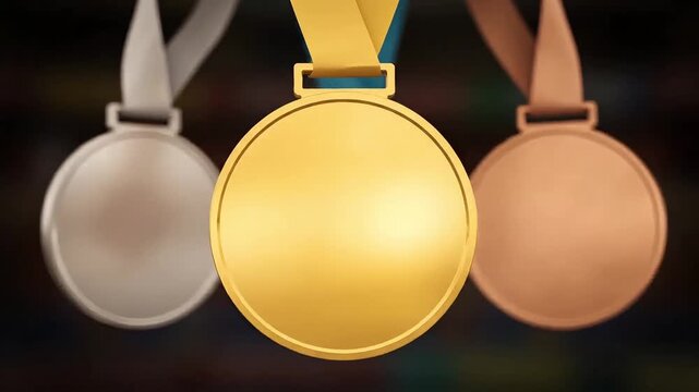Gold, silver, and bronze medals hang together, symbolizing achievement and victory.
