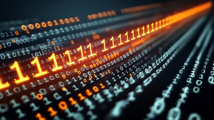 Flow of binary code with glowing orange digits representing data transmission and digital technology - Powered by Adobe