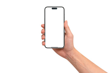 Hand showing smartphone with blank screen isolated on transparent PNG.
