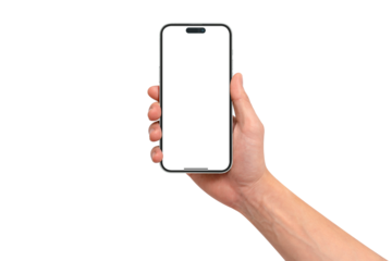 Hand showing smartphone with blank screen isolated on transparent PNG.
