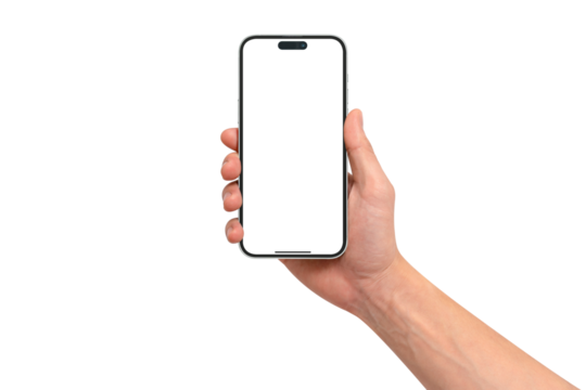 Hand showing smartphone with blank screen isolated on transparent PNG.
