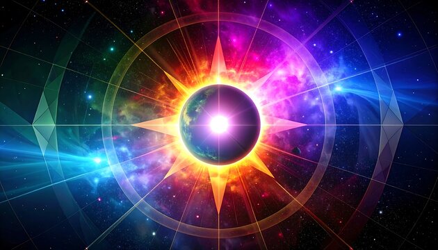 Cosmic starburst, vibrant colors, glowing planet