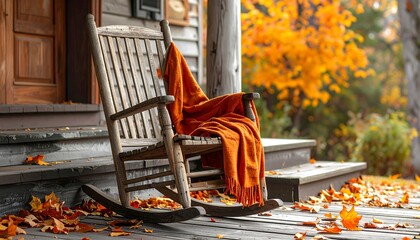 Cozy rocking chair on a porch with autumn leaves.