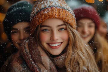 Woman in winter hat and scarf smiling at camera.