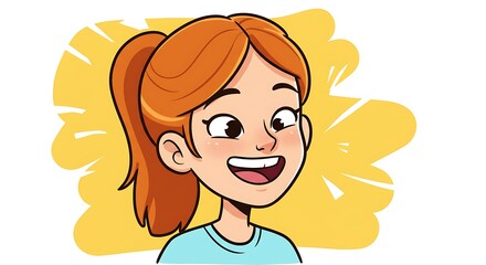Smiling cartoon girl with red hair and ponytail on yellow background