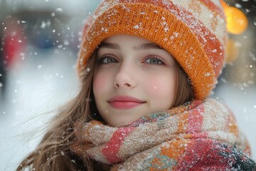 Young girl in winter hat and scarf.