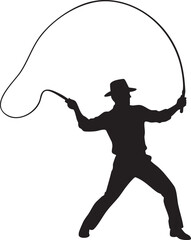 Adventurer silhouette with hat and whip in action pose isolated on white background