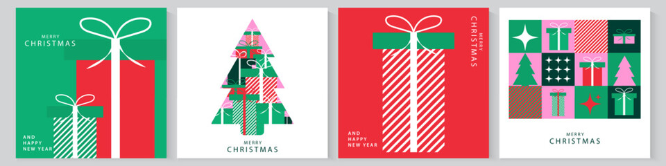 Merry Christmas and Happy New Year cards, posters, holiday covers. Set of greeting Xmas banner templates with typography in modern geometric style for web, social media, print.	