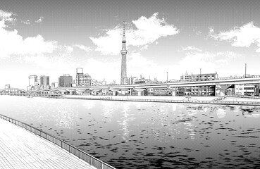 漫画風ペン画イラスト　河川敷