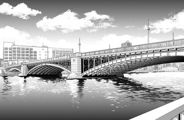 漫画風ペン画イラスト　河川敷