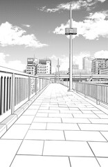 漫画風ペン画イラスト　河川敷