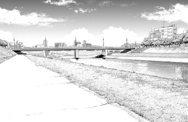 漫画風ペン画イラスト　河川敷