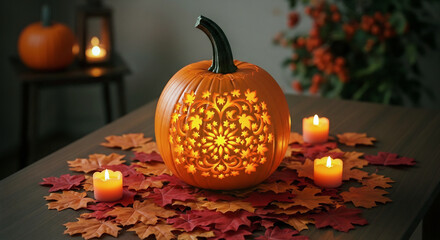 Elegant carved pumpkin glowing with intricate design, surrounded by autumnal leaves and soft candles, creating a cozy and festive fall season display