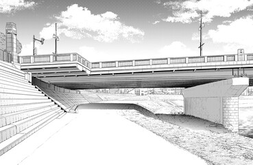 漫画風ペン画イラスト　河川敷