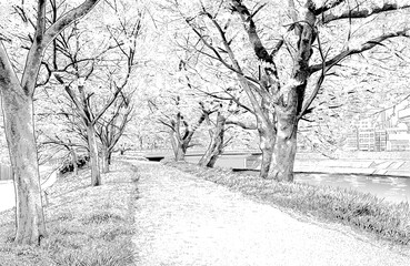 漫画風ペン画イラスト　河川敷