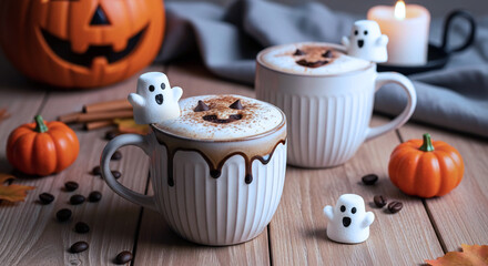 Spooky Season Delights Warm Coffee Mugs Adorned with Cute Ghost Marshmallows Amidst Autumn Halloween Decorations