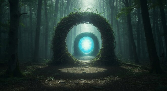 A spiral tree archway inside Hoia Baciu Forest, leading to a glowing unknown portal