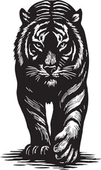 Intense black and white woodcut style illustration of a fierce tiger staring directly forward