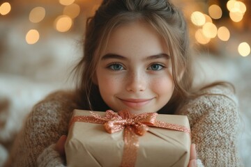 Little girl joyfully holding a present box with a pink bow.