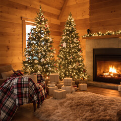 A cozy wooden cabin interior with a natural pine Christmas tree decorated with handmade ornaments