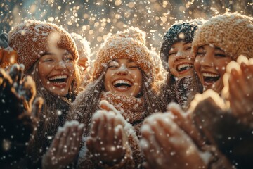 girls laughing in the snow.