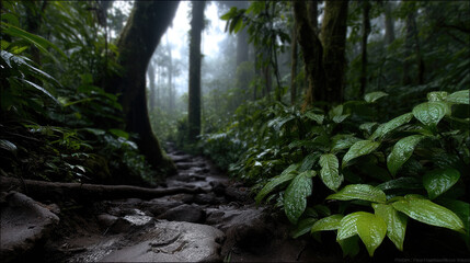 Obraz premium Lush green foliage and wet soil line winding forest path under misty sky, evoking sense of mystery and tranquility