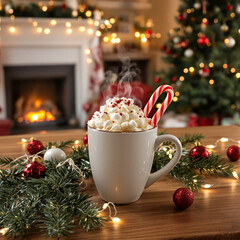 A steaming cup of hot chocolate topped with whipped cream, marshmallows, and a candy cane