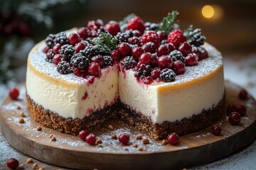 Cheesecake topped with berries and nuts on wooden board.