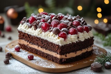 Piece of cake on wooden board.