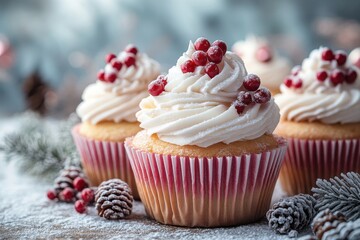 Cream-frosted cupcakes topped with cranberries.