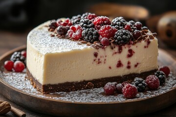 Cheesecake topped with berries and nuts.
