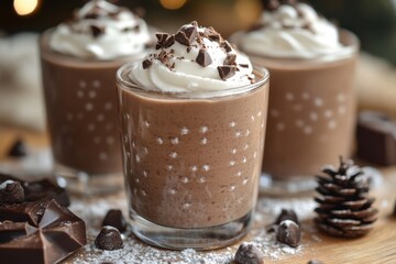 Chocolate mousse topped with whipped cream and chocolate.