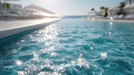 Close Up View Of Blue Swimming Pool Water With Splash In The Sun With Empty Sunbeds And Ocean In The Background