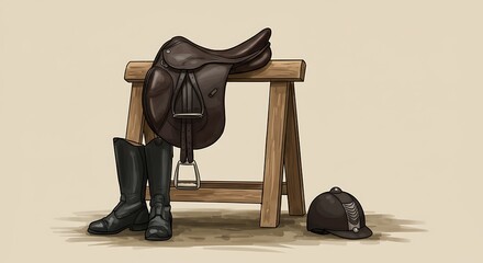 Equestrian equipment illustration saddle boots and riding helmet