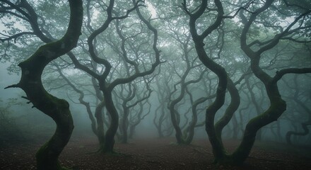 Surreal Hoia Baciu Forest, branches coiled like snakes, thick mysterious fog filling the air