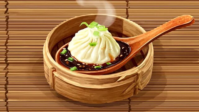 Delicious dumpling in wooden steamer with soy sauce