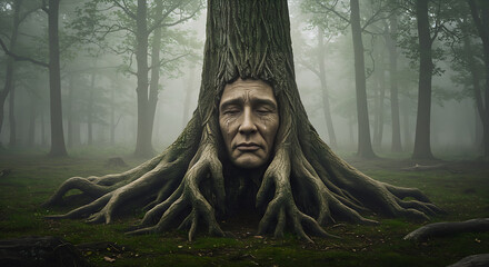 A mysterious human face emerging from the trunk of a large tree in a foggy forest, representing fantasy and mystical themes.