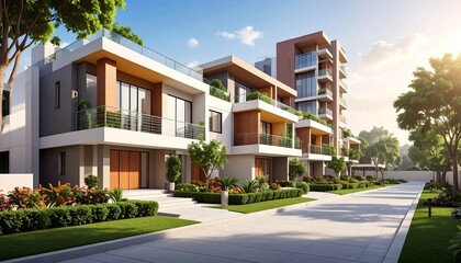 Modern, multi-story homes line a paved road, surrounded by lush landscaping and bright sunlight